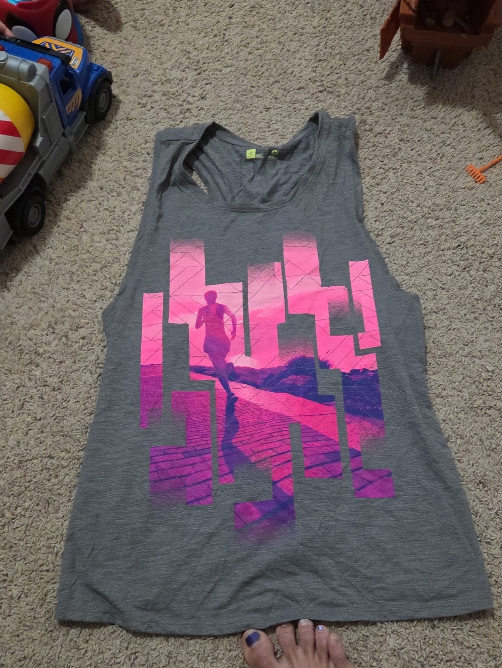 Xersion Grey Tank Top with Pink and Purple Runner Graphic